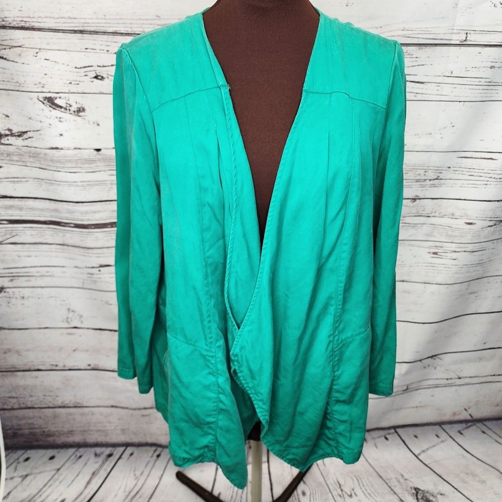 Peck & Peck Draped‎ Open Front Fly Away Lyocell Green Roll Tab Jacket Size Large